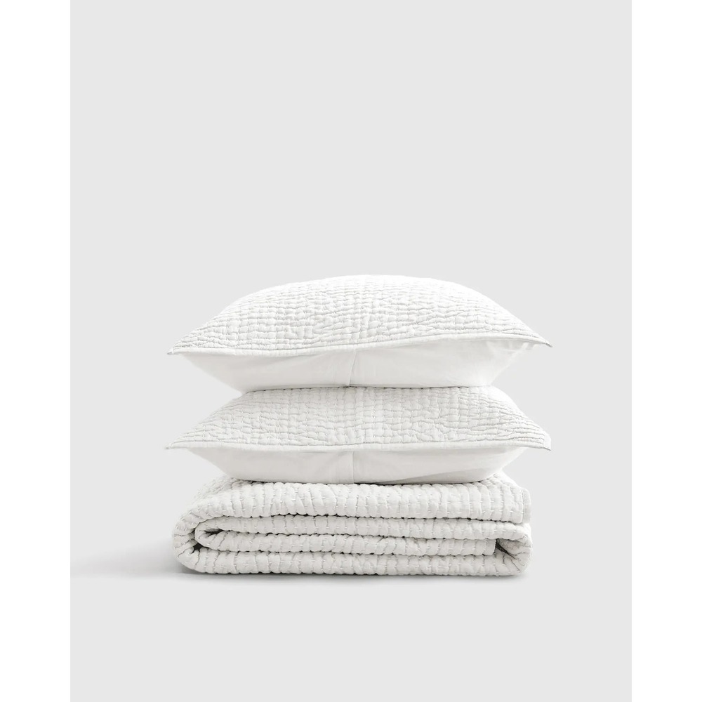 Quince European Linen Cotton Stitch Quilt Set Sz King Cal King White Luxury NEW